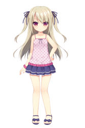 Rule 34 | 1girl, :&lt;, aoi aruma, bare shoulders, blue footwear, blue skirt, bracelet, brown hair, camisole, child, closed mouth, collarbone, dot nose, feet, female focus, full body, hair ornament, hair ribbon, hand on own hip, highres, jewelry, long hair, looking at viewer, miniskirt, no legwear, original, pink camisole, pink scrunchie, polka dot, polka dot camisole, polka dot scrunchie, red eyes, ribbon, sandals, scrunchie, simple background, skirt, solo, standing, toes, two side up, white background, wrist scrunchie