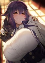 Rule 34 | 1girl, azuma (azur lane), azur lane, backlighting, blurry, blurry background, blush, breasts, buttons, closed mouth, corset, from below, glint, hair between eyes, highres, holding, holding stick, huge breasts, indoors, light, long hair, looking at viewer, mimikaki, orange eyes, purple hair, satou daiji, smile, solo, stick, upper body, very long hair, window