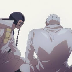 Rule 34 | 2boys, beard, black hair, closed mouth, coat, coat on shoulders, facial hair, formal, glass, grey hair, hand on own face, highres, jacket, male focus, monkey d. garp, multiple boys, musical note, old, old man, one piece, ovasayuri, pants, sengoku (one piece), short hair, simple background, sitting, suit, twitter username, watermark, white background, white jacket, white pants, white suit