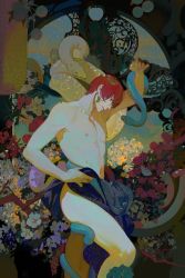 Rule 34 | 1boy, apple, arm up, earrings, feet out of frame, flower, food, fruit, jewelry, male focus, nipples, nude, original, petals, plant, profile, red flower, red hair, short hair, smile, snake, solo, white flower, xiaoquandianer