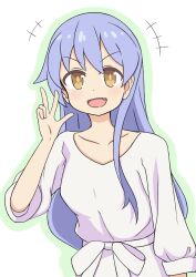 Rule 34 | +++, 1girl, :d, absurdres, blue hair, collarbone, commentary, dot nose, fang, fley0205, green outline, highres, light blue hair, long hair, long sleeves, nanami raika, onii-chan wa oshimai!, open mouth, outline, simple background, single sidelock, sleeves rolled up, smile, solo, upper body, w, white background, yellow eyes