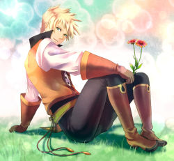 Rule 34 | 00s, 1boy, ahoge, blonde hair, boots, flower, full body, gloves, grass, green eyes, guy cecil, highres, jarako (gaillardia), jarakoo, knee boots, male focus, multicolored eyes, pants, rainbow background, shirt, sitting, solo, tales of (series), tales of the abyss, vest, yellow eyes