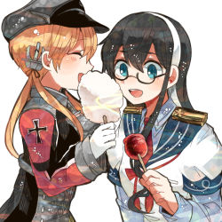 Rule 34 | 10s, 2girls, anchor hair ornament, black hair, blonde hair, blue eyes, candy apple, closed eyes, cotton candy, cross, eating, food, glasses, gloves, hair ornament, hair ribbon, hairband, hat, iron cross, itomugi-kun, kantai collection, long hair, multiple girls, ooyodo (kancolle), prinz eugen (kancolle), ribbon, simple background, twintails