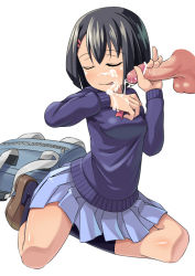Rule 34 | 1girl, bar censor, breasts, censored, closed eyes, cum, cum in mouth, cum on tongue, disembodied penis, facial, minamimachi naname, penis, shiny skin, short hair, simple background, skirt, small breasts, sweater, white background