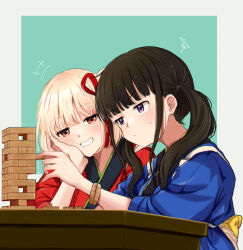 Rule 34 | 2girls, black hair, blonde hair, blue background, blue kimono, blunt bangs, blush, bracelet, clenched teeth, closed mouth, commentary request, futaba (rei-futaba), grin, hair ribbon, head rest, highres, inoue takina, japanese clothes, jenga, jewelry, kimono, long hair, looking at another, lycoris recoil, multiple girls, nishikigi chisato, official alternate costume, one side up, purple eyes, red eyes, red kimono, red ribbon, ribbon, short hair, sidelocks, smile, sweatdrop, teeth, twintails