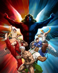Rule 34 | 2girls, 5boys, androgynous, armpits, arms up, barefoot, baseball cap, black hair, blonde hair, blue dress, blue skin, boots, boxing gloves, bracelet, braid, bridal gauntlets, brown hair, brown legwear, bun cover, capcom, china dress, chinese clothes, choker, chun-li, clenched hands, colored skin, cross-laced footwear, curly hair, dark skin, double bun, dougi, dress, dudley, everyone, facial hair, fighting stance, fingerless gloves, forehead jewel, gill (street fighter), gloves, hair bun, halterneck, hat, high kick, highres, jewelry, ken masters, kicking, knee boots, loincloth, long hair, looking afar, looking at viewer, makoto (street fighter), multiple boys, multiple girls, muscular, mustache, open clothes, open mouth, outstretched arms, pants, pantyhose, parted lips, pectorals, pelvic curtain, puffy short sleeves, puffy sleeves, raised fist, red skin, ribbon, ribbon choker, sash, shirt, short hair, short sleeves, side slit, sideburns, single braid, soles, spiked bracelet, spikes, standing, stanley lau, street fighter, street fighter iii (series), suspenders, swept bangs, thick thighs, thighs, tomboy, topless male, torn clothes, turtleneck, urien, white hair, wings, yun lee