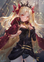 Rule 34 | 1girl, artist name, azomo, black dress, black leotard, blonde hair, blurry, bow, breasts, cape, cowboy shot, depth of field, dress, ereshkigal (fate), fate (series), gold trim, hair bow, hand on own chest, hands up, highres, legs apart, leotard, light smile, long hair, orange eyes, outdoors, parted bangs, parted lips, red bow, red eyes, revision, signature, small breasts, solo, tohsaka rin, wavy hair