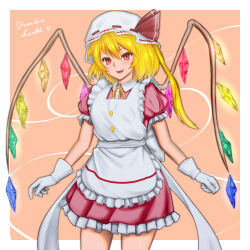 Rule 34 | 1girl, absurdres, alternate costume, apron, back bow, blonde hair, bow, brown background, character name, collared shirt, cowboy shot, crystal, dress, enmaided, flandre scarlet, flandre scarlet (devilish helper), frilled apron, frilled dress, frilled sleeves, frills, glowing, glowing wings, hat, head tilt, highres, large bow, looking at viewer, maid, maid apron, mattyakinako (odango imomushi), medium hair, mob cap, multicolored wings, neck ribbon, one side up, open mouth, red dress, red eyes, ribbon, ribbon-trimmed headwear, ribbon trim, shirt, simple background, solo, teeth, touhou, touhou lostword, white apron, white bow, white hat, wings, yellow ribbon