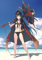 Rule 34 | 1girl, absurdres, beach, bikini, bikini under clothes, black bikini, black hair, blue sky, breasts, coat, day, family crest, fate/grand order, fate (series), full body, grin, guitar, hat, headphones, headphones around neck, highres, instrument, jacket, jacket on shoulders, long hair, looking at viewer, navel, oda nobunaga (fate), oda nobunaga (koha-ace), oda nobunaga (swimsuit berserker) (fate), oda nobunaga (swimsuit berserker) (second ascension) (fate), oda uri, open clothes, open coat, oversized object, peaked cap, red coat, red eyes, sky, small breasts, smile, solo, swimsuit, xkirara39x