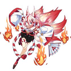 Rule 34 | 1girl, animal ears, blue eyes, detached sleeves, fire, folding fan, fox ears, fox tail, full body, hair between eyes, hair ornament, hand fan, higokumaru, holding, holding fan, honkai (series), honkai impact 3rd, japanese clothes, multicolored hair, multiple tails, official art, open mouth, pink hair, red hair, red socks, sandals, smile, socks, solo, streaked hair, tail, tassel, tassel hair ornament, third-party source, transparent background