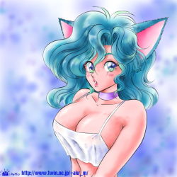 Rule 34 | 1girl, akira m, animal ears, blue background, blue eyes, blue hair, blush, breasts, cat ears, cat girl, cat tail, choker, cleavage, collarbone, huge breasts, long hair, looking at viewer, midriff, navel, parted lips, shirt, solo, tail, tank top, teeth, upper body, white shirt