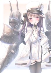 Rule 34 | 1girl, absurdres, anchor print, arm up, azur lane, black bow, black gloves, black hair, black thighhighs, blush, bow, breasts, cleavage, coat, coat dress, fur-trimmed coat, fur trim, gloves, gradient background, hair between eyes, hat, highres, large breasts, long hair, long sleeves, looking at viewer, machinery, open mouth, padded coat, pamiat merkuria (azur lane), purple eyes, red eyes, russian clothes, shirt, side ponytail, smile, solo, thighhighs, tongue, tongue out, turret, uduki (nissi), white coat, white hat