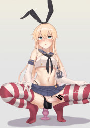 Rule 34 | 1girl, anal, anal object insertion, artist request, black ribbon, blonde hair, blue eyes, blush, censored, cum, dildo, ejaculating while penetrated, ejaculation, elbow gloves, feet, futanari, gloves, kantai collection, long hair, object insertion, penis, ribbon, ribbon hair, sex toy, shimakaze (kancolle), skirt, solo, squatting, striped clothes, striped thighhighs, testicles, thighhighs, tiptoes