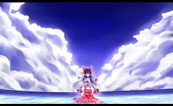 Rule 34 | 1girl, bad id, bad pixiv id, blue sky, bow, brown hair, closed eyes, cloud, day, detached sleeves, dress, female focus, hair bow, hair tubes, hakurei reimu, highres, japanese clothes, letterboxed, midriff, miko, ocean, outdoors, red dress, shunsuke, sky, smile, solo, touhou