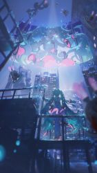 Rule 34 | 1girl, :o, absurdres, aqua eyes, aqua hair, building, city, commentary, facing away, from below, hair between eyes, hatsune miku, highres, holding, holographic monitor, konya karasue, long hair, looking up, night, outstretched arms, scenery, skyscraper, spread arms, standing, twintails, vocaloid
