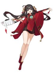 Rule 34 | 1girl, absurdres, black dress, black hair, chinese clothes, commentary, dress, fang, full body, grey eyes, highres, holding, holding weapon, long hair, looking at viewer, open mouth, original, pelvic curtain, red dress, red footwear, shiro wa (shiroshironix), short dress, simple background, skin fang, smile, solo, thighs, twintails, weapon, weapon across shoulders, white background