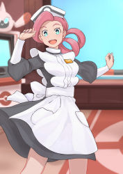 Rule 34 | 1girl, :d, absurdres, black dress, blue eyes, blush, commentary request, creatures (company), dress, fingernails, game freak, gen 4 pokemon, hat, highres, indoors, joy (pokemon), long hair, looking at viewer, nintendo, nurse cap, open mouth, pink hair, poke ball print, pokemon, pokemon (anime), pokemon (creature), pokemon journeys, rotom, rotomi, smile, solo, teeth, tongue, upper teeth only, yuuka (a0240765)
