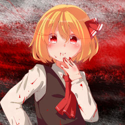 Rule 34 | 1girl, ascot, blonde hair, blood, blood on clothes, blood on face, blood on hands, blood splatter, gradient background, hair ribbon, hand on own chin, highres, light smile, long sleeves, looking at viewer, negu (pixiv 6519140), red eyes, ribbon, rumia, short hair, solo, touhou, vest