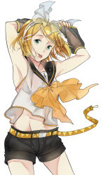 Rule 34 | 1girl, :p, armpits, arms up, bad id, bad pixiv id, blonde hair, blue eyes, ciel ciel, colorized, headphones, highres, kagamine rin, shorts, simple background, smile, solo, tongue, tongue out, vocaloid, white background