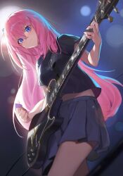 Rule 34 | 1girl, absurdres, black shirt, blue eyes, blue skirt, blurry, blurry background, blush, bocchi the rock!, breasts, closed mouth, commentary request, cube hair ornament, depth of field, electric guitar, from below, gotoh hitori, guitar, hair between eyes, hair ornament, highres, holding, holding instrument, instrument, long hair, looking at viewer, looking down, medium breasts, mo ying yu, one side up, pink hair, pleated skirt, plectrum, shirt, short sleeves, skirt, solo, standing, very long hair