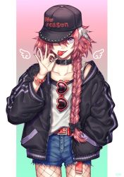 Rule 34 | 1boy, astolfo (fate), baggy clothes, belt, black nails, bow, braid, braided ponytail, candy, choker, collar, collarbone, contemporary, english text, fate/apocrypha, fate (series), fishnets, food, hair bow, hand in pocket, hat, heart, heart-shaped eyewear, highres, jacket, kiritani846, lollipop, long hair, looking at viewer, male focus, nail polish, one eye covered, pink hair, purple eyes, shorts, single braid, smile, solo, sunglasses, tank top, tongue, tongue out, trap