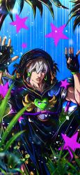 Rule 34 | 1boy, absurdres, arms up, blue background, braid, cowboy shot, expressionless, fingerless gloves, gloves, green eyes, grey hair, hair between eyes, hair ornament, highres, hood, hood up, jodio joestar, jojo no kimyou na bouken, looking at viewer, male focus, noonvincent, palm tree, parted lips, short hair, side braid, single braid, solo, star (symbol), star hair ornament, the jojolands, tree