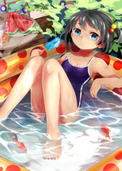 Rule 34 | 1girl, absurdres, aqua nails, barefoot, black hair, blue eyes, competition school swimsuit, drink, feet, fish, food, fruit, goldfish, hair bobbles, hair ornament, highres, nail polish, one-piece swimsuit, original, popsicle, school swimsuit, short hair, swimsuit, table, toenail polish, toenails, toes, wading pool, watermelon, yumao, yumao (miaowuxiaoxue)