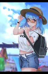 Rule 34 | 1girl, absurdres, bag, belt, black bag, blue eyes, blue hair, blue shorts, blue sky, blurry, blurry background, clothes writing, cloud, cloudy sky, cowboy shot, day, denim, denim shorts, depth of field, flanvia, glasses, hair bobbles, hair ornament, hand on headwear, hat, highres, holding, holding bag, kawashiro nitori, letterboxed, long hair, looking over eyewear, looking over glasses, midriff, navel, orange-tinted eyewear, orange-tinted glasses, outdoors, print shirt, shirt, short shorts, short sleeves, shorts, sky, smile, solo, standing, straw hat, sunglasses, tinted eyewear, touhou, watch, white belt, white shirt, wristwatch