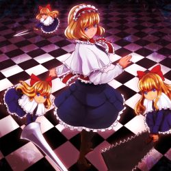 Rule 34 | 1girl, alice margatroid, bad id, bad pixiv id, blonde hair, checkered floor, female focus, floor, from above, hairband, highres, japanese saw, lance, nosuku, polearm, purple eyes, saw, shanghai doll, short hair, solo, sword, touhou, weapon