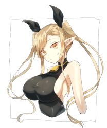 Rule 34 | 1girl, bad id, bad pixiv id, bare shoulders, bell, blonde hair, blush, breasts, character request, copyright request, covered erect nipples, hair ribbon, large breasts, long hair, looking at viewer, orange eyes, pointy ears, ribbon, sideboob, sleeveless, slit pupils, solo, suminagashi, sweatdrop