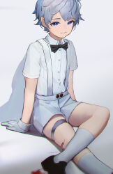 Rule 34 | 1boy, absurdres, agwing86, arm support, black bow, black footwear, blood, bow, bowtie, closed mouth, gloves, highres, original, purple eyes, shirt, short hair, simple background, sitting, socks, solo, white background, white gloves, white hair, white shirt, white socks