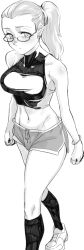 Rule 34 | 1girl, arknights, bare shoulders, blush, bracelet, character request, collarbone, covered collarbone, earrings, glasses, greyscale, hatching (texture), highres, jewelry, long hair, monochrome, moto toshi, navel, ponytail, shoes, single earring, sneakers, solo, turtleneck