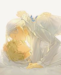 Rule 34 | 2boys, arm support, bed sheet, blue ribbon, closed eyes, couple, ensemble stars!, eyelashes, frilled sleeves, frills, from side, hair ribbon, hand on another&#039;s back, hand on another&#039;s head, happy, highres, imminent hug, imminent kiss, long hair, long sleeves, lying, male focus, multiple boys, on back, on bed, outstretched arms, parted lips, pillow, profile, ran nagisa, ribbon, shirt, short hair, simple background, smile, tomoe hiyori, upper body, white background, white shirt, woshayangmei, yaoi