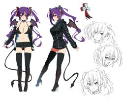 Rule 34 | 1girl, bare shoulders, bikini, bikini top only, black bikini, black thighhighs, blush, boots, breasts, cleavage, cross-laced footwear, demon girl, demon tail, demon wings, expressions, gluteal fold, groin, high heel boots, high heels, jacket, keita (tundereyuina), lace-up boots, large breasts, long hair, looking at viewer, multiple views, navel, original, purple hair, red eyes, simple background, sketch, skindentation, smile, swimsuit, tail, thighhighs, white background, wings
