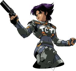 Rule 34 | 1girl, angry, armor, breastplate, clenched hand, fingerless gloves, gloves, green eyes, gun, handgun, knee pads, konoko, oni (game), purple hair, revolver, short hair, shoulder pads, solo, transparent background, vector trace, weapon