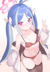 Rule 34 | 1girl, absurdres, ahoge, arm behind back, armpits, bare shoulders, blue archive, blue hair, blush, bow, bow bra, bow panties, bra, breasts, brown thighhighs, closed mouth, collarbone, commentary request, cowboy shot, dot nose, dutch angle, fubuki (blue archive), furrowed brow, gradient background, hair bow, hair over one eye, halo, hand up, highres, jacket, korean commentary, lace, lace-trimmed bra, lace trim, linea alba, lk149, long hair, looking at viewer, multicolored hair, navel, off shoulder, panties, parted bangs, pink background, red bra, red eyes, red panties, sidelocks, simple background, skindentation, small breasts, smile, solo, straight hair, sweatdrop, thighhighs, twintails, two-tone background, two-tone hair, underwear, v, very long hair, wavy mouth, white background, white bow, white hair, white jacket