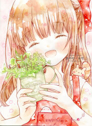 Rule 34 | 1girl, animal, bird, blush, bracelet, brown hair, closed eyes, cup, emo (mikan), head tilt, holding, holding cup, jewelry, long hair, open mouth, original, overalls, plant, sample watermark, short sleeves, smile, solo, squirrel, traditional media, upper body, watermark