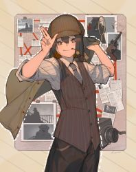 Rule 34 | 1girl, artist name, black eyes, black hair, blue necktie, blush, brown hat, bullet, closed mouth, gun, hat, jacket, lanzi (415460661), looking at viewer, magnifying glass, necktie, original, pipe in mouth, signature, smile, smoking pipe, solo, striped clothes, striped headwear, striped necktie, striped neckwear, striped vest, unworn jacket, vertical-striped clothes, vertical-striped vest, vest, weapon
