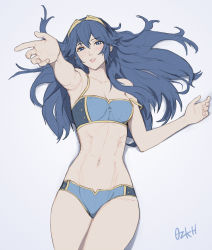 Rule 34 | 1girl, blue eyes, blue hair, blush, bra, breasts, cleavage, collarbone, cowboy shot, fire emblem, fire emblem awakening, hair between eyes, light blush, long hair, looking at viewer, lucina (fire emblem), medium breasts, navel, nintendo, outstretched arm, ozkh, panties, parted lips, reaching, reaching towards viewer, smile, solo, stomach, strap slip, tiara, toned, underwear