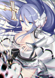 Rule 34 | 1girl, aqua eyes, bare shoulders, breasts, cleavage, detached sleeves, hanba rou, highres, large breasts, long hair, open mouth, princess connect!, purple hair, shizuru (princess connect!), sleeveless, solo, sword, thighhighs, very long hair, weapon