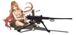 Rule 34 | .50 bmg, 1girl, ammunition, ammunition belt, anti-materiel cartridge, bandolier, belt-fed, blonde hair, blush, boots, breasts, brown footwear, browning m2, bullet, cartridge, cleavage, closed mouth, clothes around waist, collared shirt, crew-served weapon, dog tags, front-tie top, full-power cartridge, garrison cap, girls&#039; frontline, gloves, green sweater, gun, hat, heavy machine gun, highres, hmg cartridge, large breasts, long hair, m2hb (girls&#039; frontline), m9 link, machine gun, magnum cartridge, match grade ammunition, midriff, military cartridge, miyajo, navel, red eyes, rifle cartridge, shadow, shirt, sitting, sleeveless, sleeveless shirt, smile, solo, supersonic ammunition, sweater, sweater around waist, tongue, tongue out, tripod, very long hair, weapon, white background, white shirt