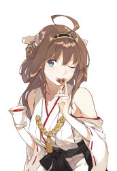 Rule 34 | 10s, 1girl, ahoge, breasts, brown hair, checkerboard cookie, cookie, cup, duoyuanjun, food, hairband, highres, japanese clothes, kantai collection, kongou (kancolle), long hair, medium breasts, nontraditional miko, one eye closed, simple background, smile, solo, tea, teacup, white background