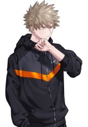Rule 34 | 1boy, bakugou katsuki, black hoodie, boku no hero academia, closed mouth, commentary request, hand in pocket, hand on own chin, hand up, himo (himodayoo), hood, hood down, hoodie, long sleeves, looking to the side, male focus, nike (company), pants, red eyes, short hair, simple background, solo, spiked hair, upper body, white background, yellow hoodie