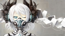 Rule 34 | 1girl, apoidea, apple inc., black eyes, cable, cellphone, headphones, highres, horns, iphone, mask, one eye closed, personification, phone, short hair, siri, smartphone, solo, white hair