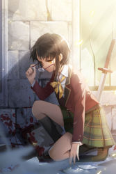 1girl black_hair blazer blood bow dress_shirt female_focus glasses jacket kneehighs kneeling lowres on_one_knee plaid_clothes plaid_skirt pleated_skirt salt_(salty) school_uniform shirt shoes short_hair sita_vilosa skirt socks solo sword sword_girls weapon yellow_eyes