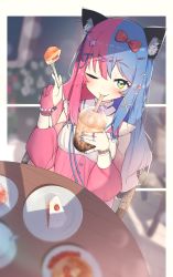 Rule 34 | 1girl, absurdres, animal ears, blue hair, bow, bracelet, breasts, bubble tea, cake, cat, cat ears, chair, commentary, commission, cup, detached sleeves, disposable cup, english commentary, food, fork, gloves, green eyes, hair bow, hair ornament, highres, holding, holding cup, holding fork, hoplitx, jewelry, long hair, looking at viewer, multicolored hair, nail polish, one eye closed, original, partially fingerless gloves, pink gloves, pink hair, pixiv commission, plate, sitting, solo, star (symbol), star hair ornament, table, two-tone hair