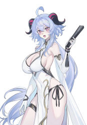 Rule 34 | 1girl, absurdres, ahoge, alternate costume, bare shoulders, blue hair, breasts, china dress, chinese clothes, cleavage, cleavage cutout, clothing cutout, commentary request, cowboy shot, dress, echj, elbow gloves, ganyu (genshin impact), genshin impact, gloves, hair between eyes, highres, horns, large breasts, long hair, looking at viewer, open mouth, panties, pelvic curtain, purple eyes, side-tie panties, simple background, sleeveless, sleeveless dress, solo, standing, tassel, thigh strap, thighs, underwear, very long hair, white background, white dress, white gloves
