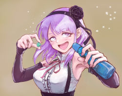 Rule 34 | 10s, 1girl, armpits, breasts, brown background, dagashi kashi, detached sleeves, female focus, flower, hair flower, hair ornament, hairband, highres, large breasts, purple eyes, purple hair, ramune, red ribbon, ribbon, shidare hotaru, simple background, smile, solo, stdl, upper body