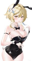 Rule 34 | 1girl, absurdres, animal ears, bare shoulders, blonde hair, blush, bow, bowtie, breasts, cleavage, detached collar, fake animal ears, flower, genshin impact, hair between eyes, hair flower, hair ornament, highres, holding, holding tray, large breasts, leotard, looking at viewer, lumine (genshin impact), open mouth, playboy bunny, rabbit ears, rabbit tail, short hair with long locks, solo, strapless, strapless leotard, sweat, tail, towrituka, tray, white background, white flower, wrist cuffs, yellow eyes