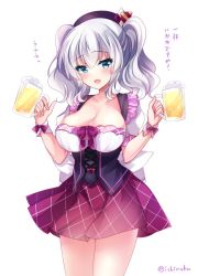 Rule 34 | 1girl, alcohol, beer, beer mug, beret, black hat, blouse, blue eyes, breasts, cleavage, commentary request, cowboy shot, cup, dirndl, german clothes, hair between eyes, hat, head tilt, ichiyou moka, kantai collection, kashima (kancolle), large breasts, looking at viewer, mug, pleated skirt, purple skirt, shirt, sidelocks, silver hair, simple background, skirt, solo, translation request, tsurime, twintails, waitress, wavy hair, white background, white shirt, wrist cuffs